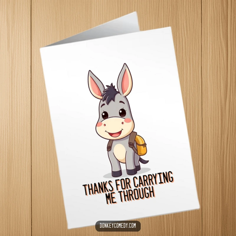 Funny Free Printable Thank You Card: A kawaii donkey with a wide smile and a small backpack, ready to deliver thanks.