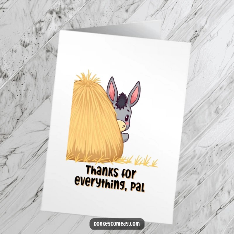 Funny Free Printable Thank You Card: A donkey curiously peeks from behind a haystack, expressing thanks.