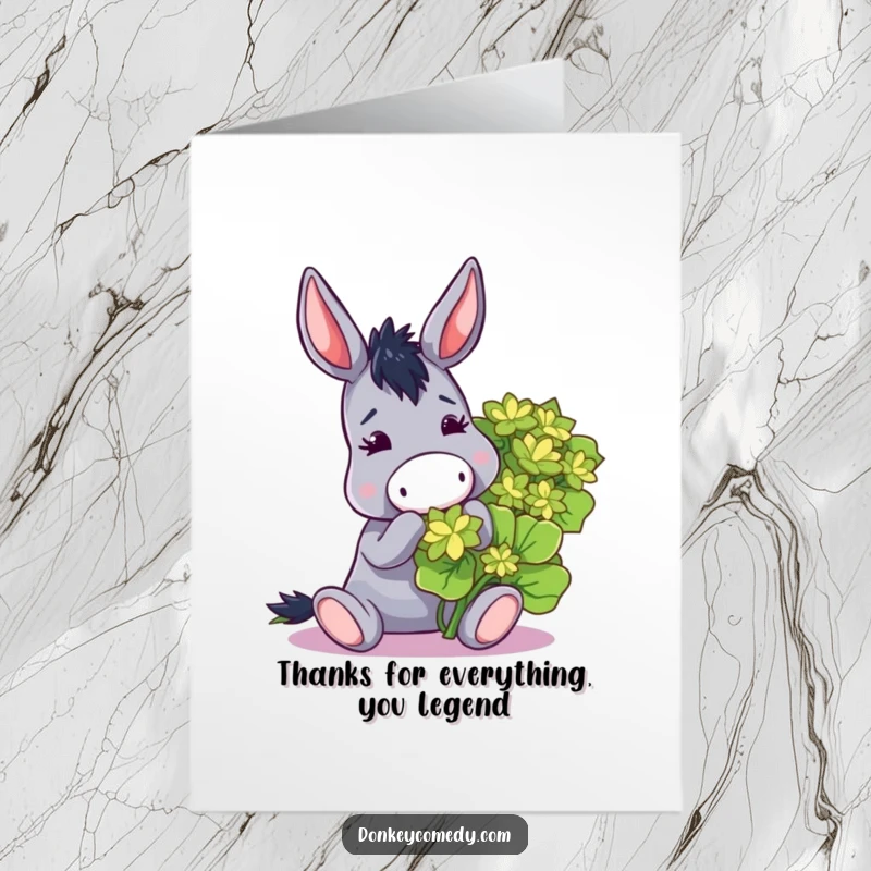 Funny free printable thank you card with a donkey enjoying a large clover, conveying thanks with humor.