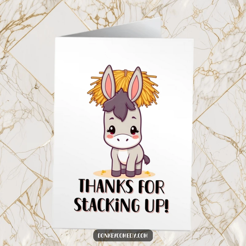 Funny Free Printable Thank You Card with a kawaii donkey struggling to balance a large pile of hay on its head.
