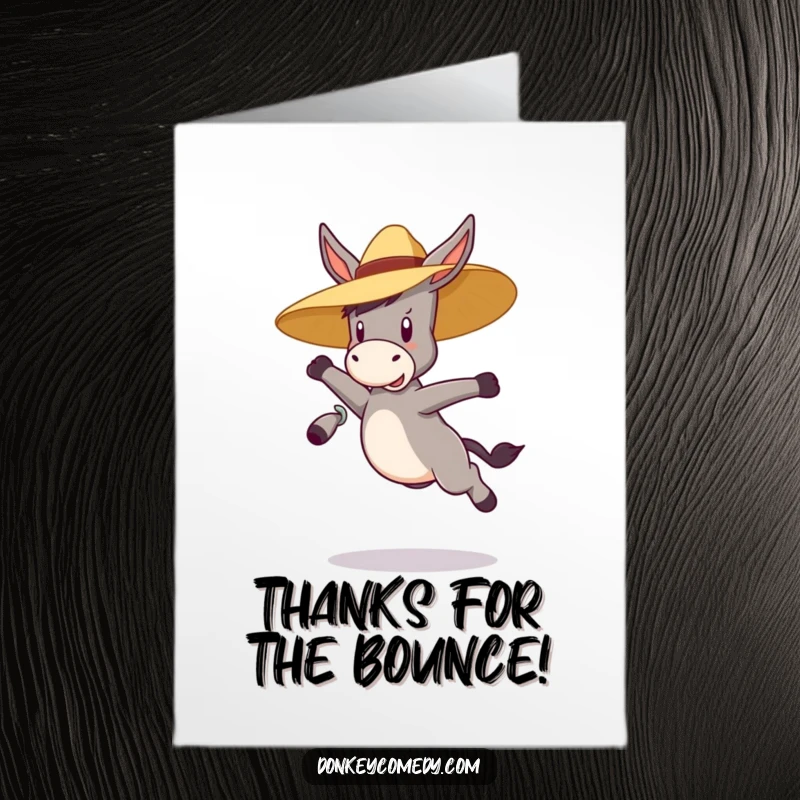 Funny Free Printable Thank You Card: A bouncy donkey wearing a straw hat jumps with glee, a fun way to say thanks.