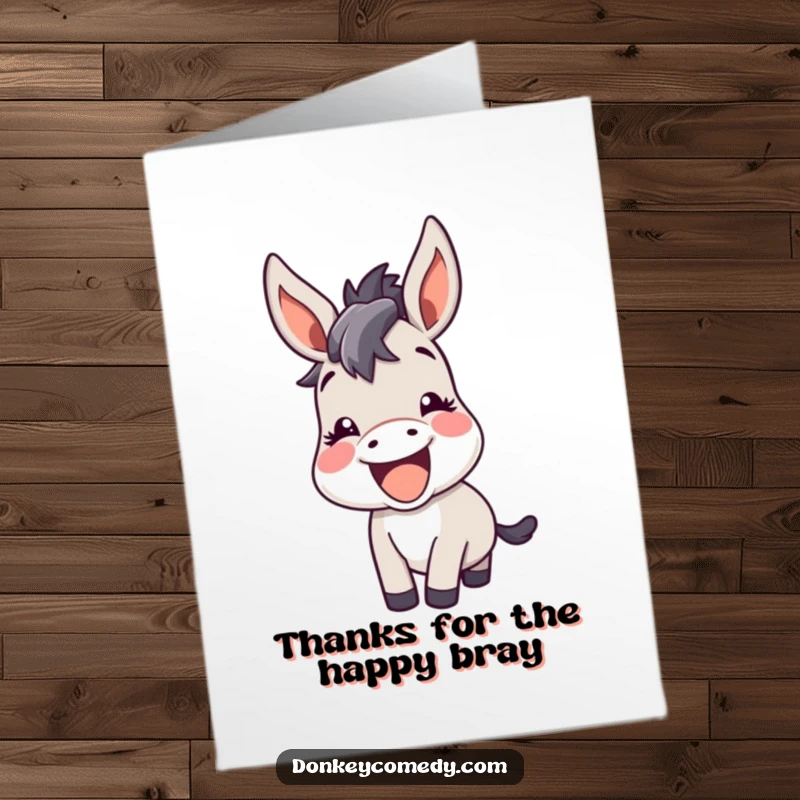 Funny Free Printable Thank You Card: A kawaii donkey brays with pure happiness, ears perked in amusement.