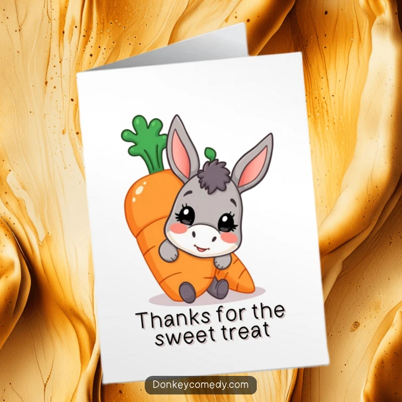 Funny Free Printable Thank You Card: Donkey peeking from behind a huge carrot, offering a secret thank you, a downloadable treat.
