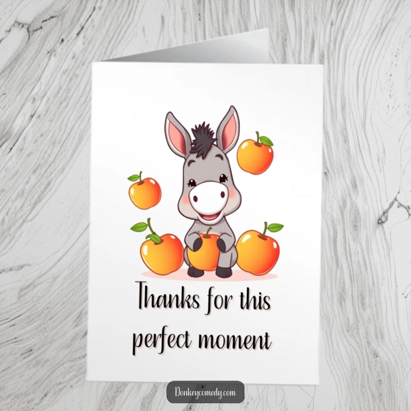 Funny Free Printable Donkey Thank You Card, a mischievous donkey with a grin juggling three juicy apples, expressing thanks.