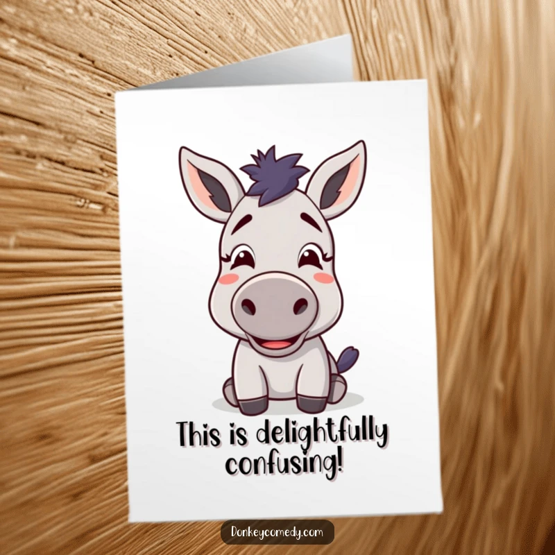 Funny free printable thank you card: A kawaii donkey wears a wonderfully puzzled yet pleased expression, making a unique thank you.