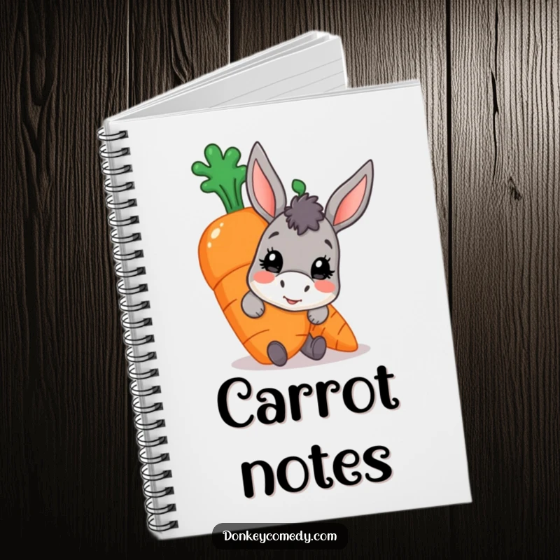 Funny donkey carrot notebook, a character peeking from behind a large ripe carrot, ideal for jotting down playful ideas.