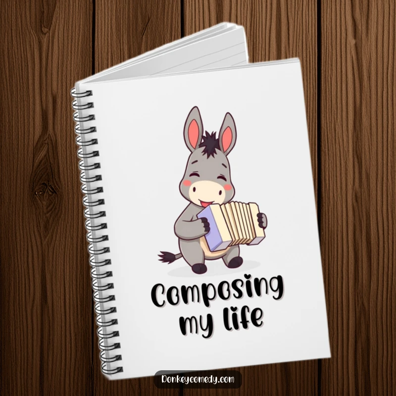 Funny donkey accordion notebook, smiling while playing a small accordion, perfect for composing music and jotting down thoughts.