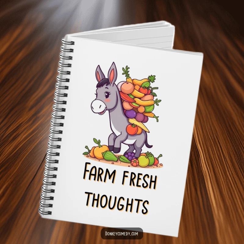 Funny donkey balancing a pile of assorted farm produce, humorous notebook for jotting ideas.
