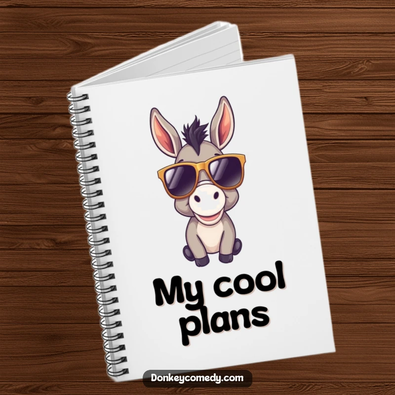 Funny donkey notebook featuring a cool donkey in oversized sunglasses, ideal for brainstorming cool ideas with a happy and relaxed vibe.