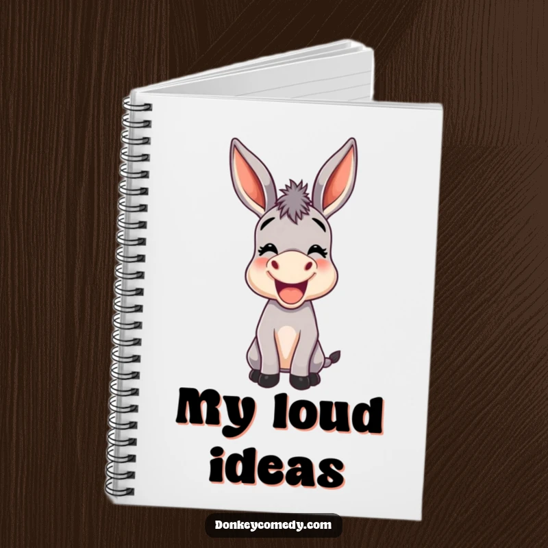 Funny notebook featuring a joyful donkey with oversized ears braying, perfect for jotting down thoughts with donkey humor.