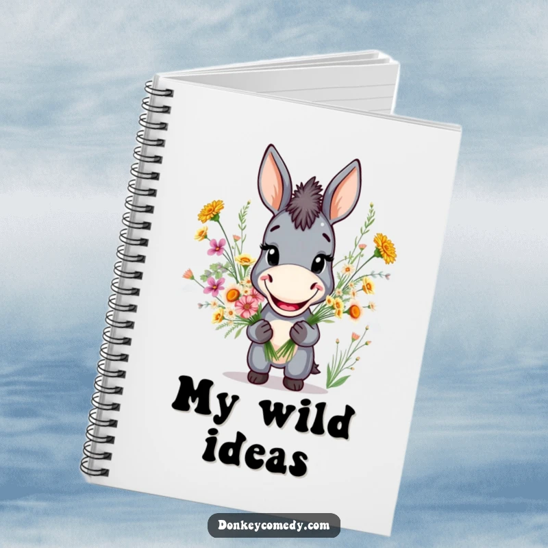 Funny notebook with a donkey grinning widely and holding a wildflower bouquet, perfect for journaling and notes.