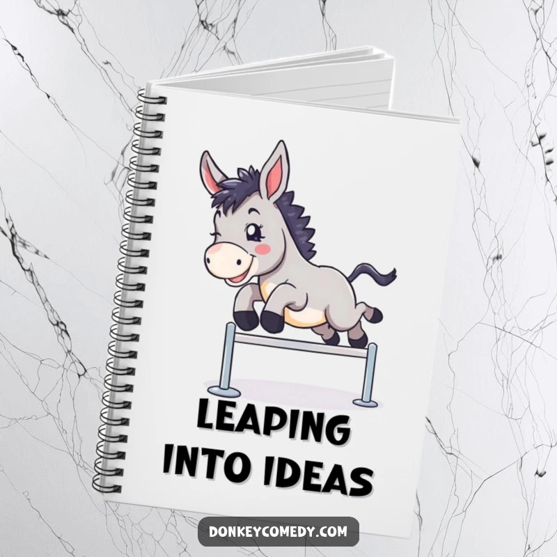 Funny notebook featuring a donkey in a triumphant leap over a hurdle, great for note-taking and brainstorming.