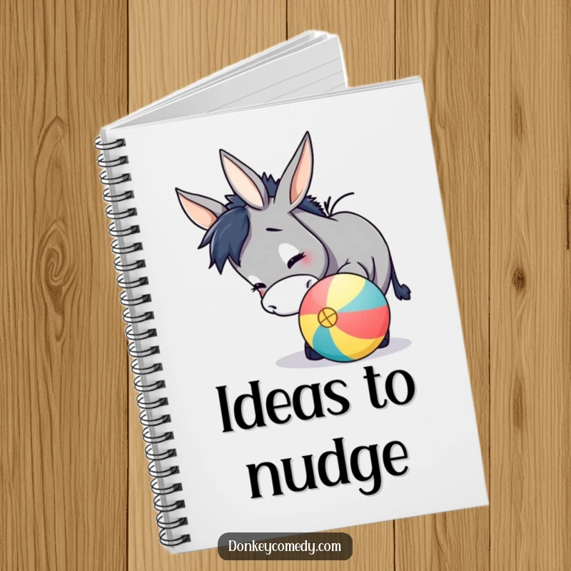 Funny donkey notebook featuring a cute donkey playfully nudging a colorful ball with its nose, perfect for jotting down fun thoughts.