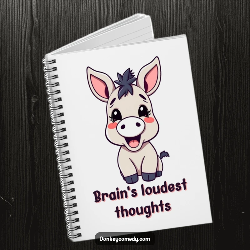 Funny kawaii donkey notebook, featuring a large-eared donkey mid-bray, perfect for jotting down witty thoughts.