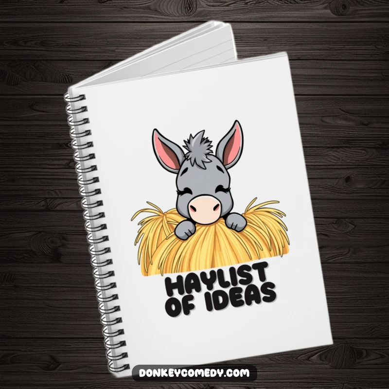 Funny Donkey Notebook: A donkey peeks from a haystack with a playful wink, ideal for jotting down funny thoughts.