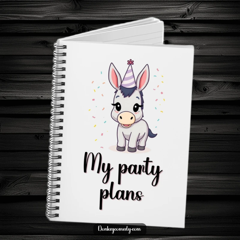 Funny donkey wearing a tiny party hat with confetti falling, a humorous notebook for jotting down funny ideas and thoughts.
