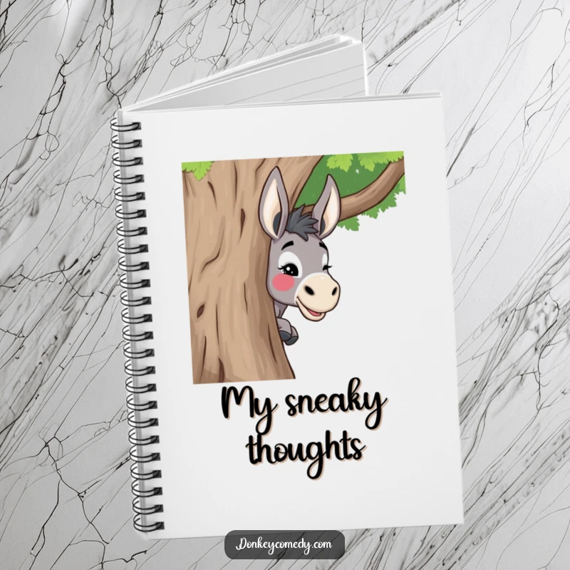 Funny donkey notebook featuring a donkey peeking around a tree with a playful wink, great for jotting down notes with a smile.