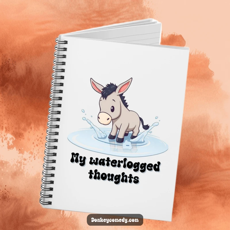 Funny notebook cover with a donkey playfully splashing in a shallow puddle, perfect for jotting down fun ideas.