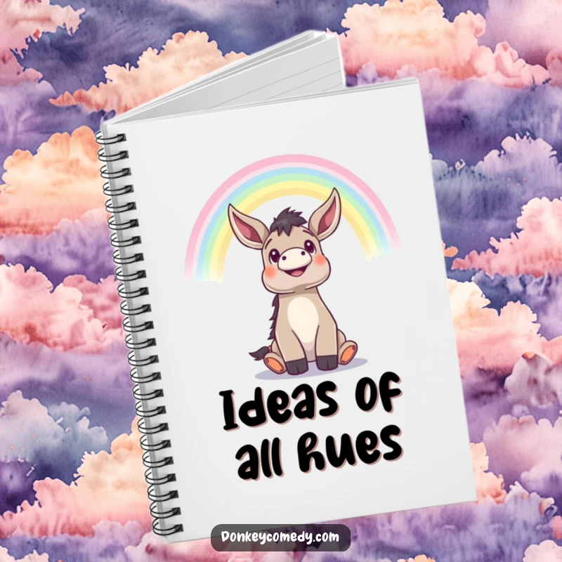 Funny donkey looking up with wonder at a rainbow, humorous notebook for jotting down dreams.