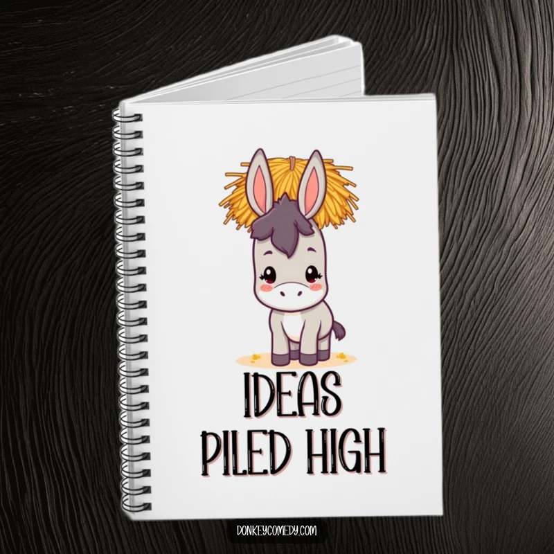 Funny kawaii donkey notebook featuring a cute donkey with a stack of hay balanced perfectly on its head, ideal for writing.