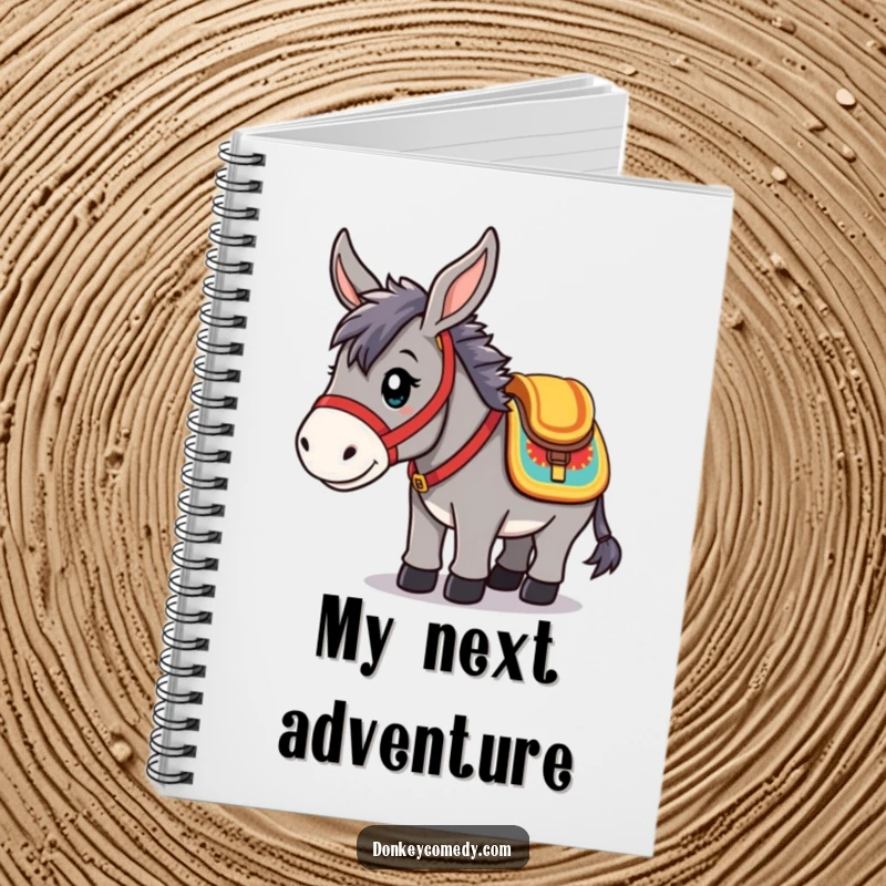 Funny Notebook with a kawaii donkey on the cover, ready to ride, for planning adventures with humorous charm.