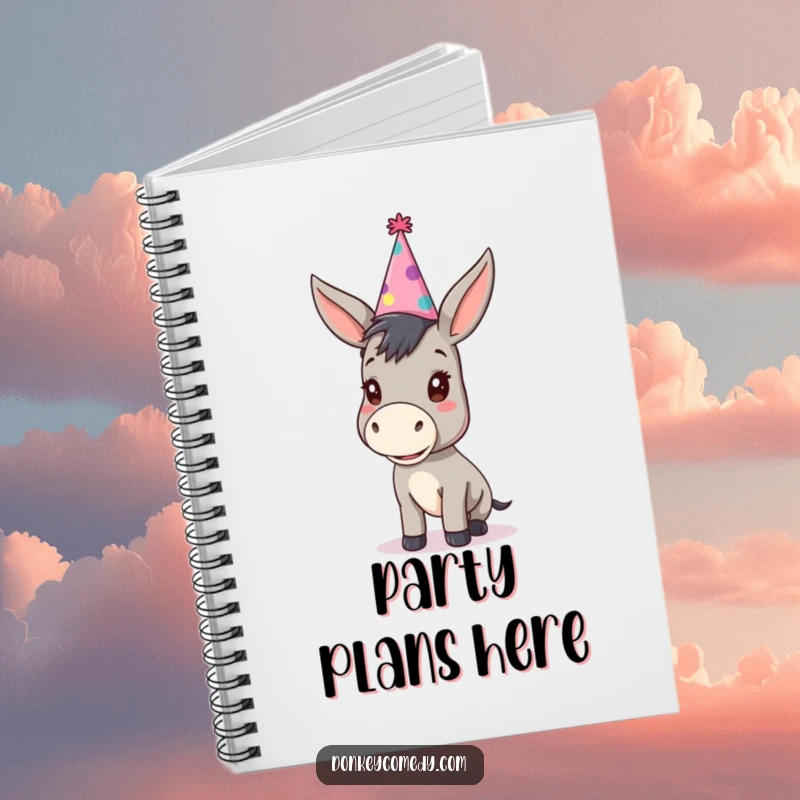 Funny kawaii donkey with an oversized party hat on a notebook, ideal for writing and doodling with humor.
