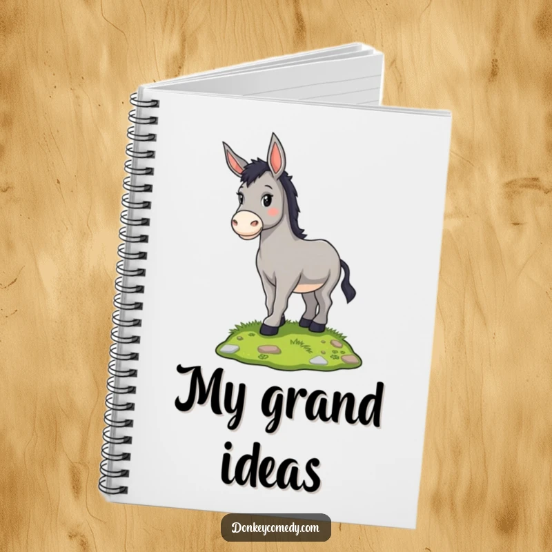 Funny proud donkey standing on a grassy mound, on the cover of a notebook, a humorous stationery gift.