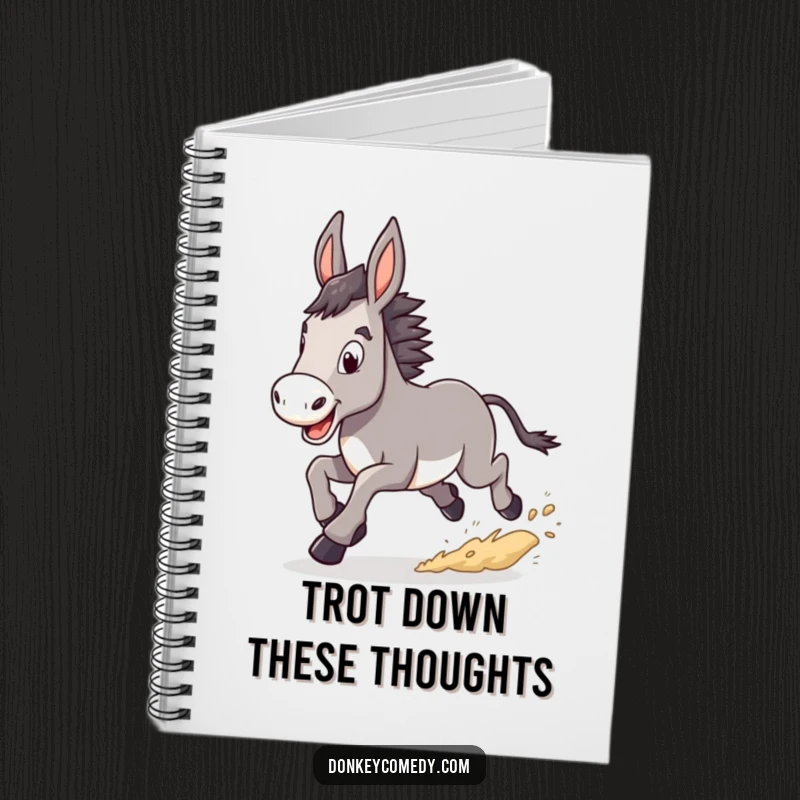 Funny Donkey Notebook featuring a donkey in a determined trot, kicking up dust, ideal for jotting down ambitious ideas.