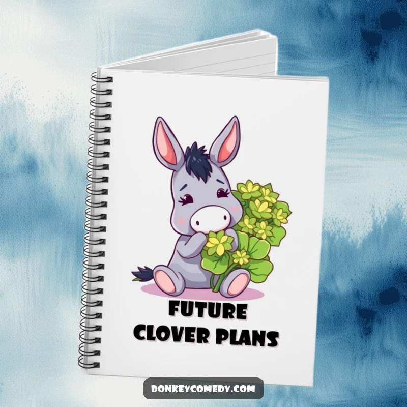 Funny notebook with a donkey enthusiastically nibbling a large clover, perfect for journaling and note-taking.