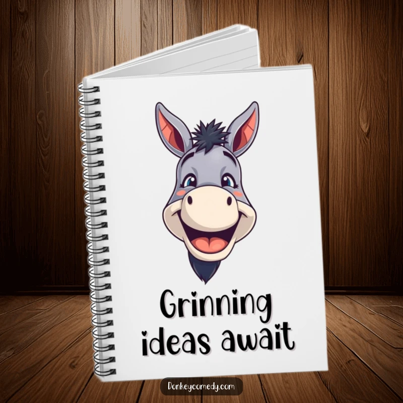 Funny Donkey Notebook featuring a donkey with a wide, toothy grin, perfect for writing down happy thoughts and daily notes.