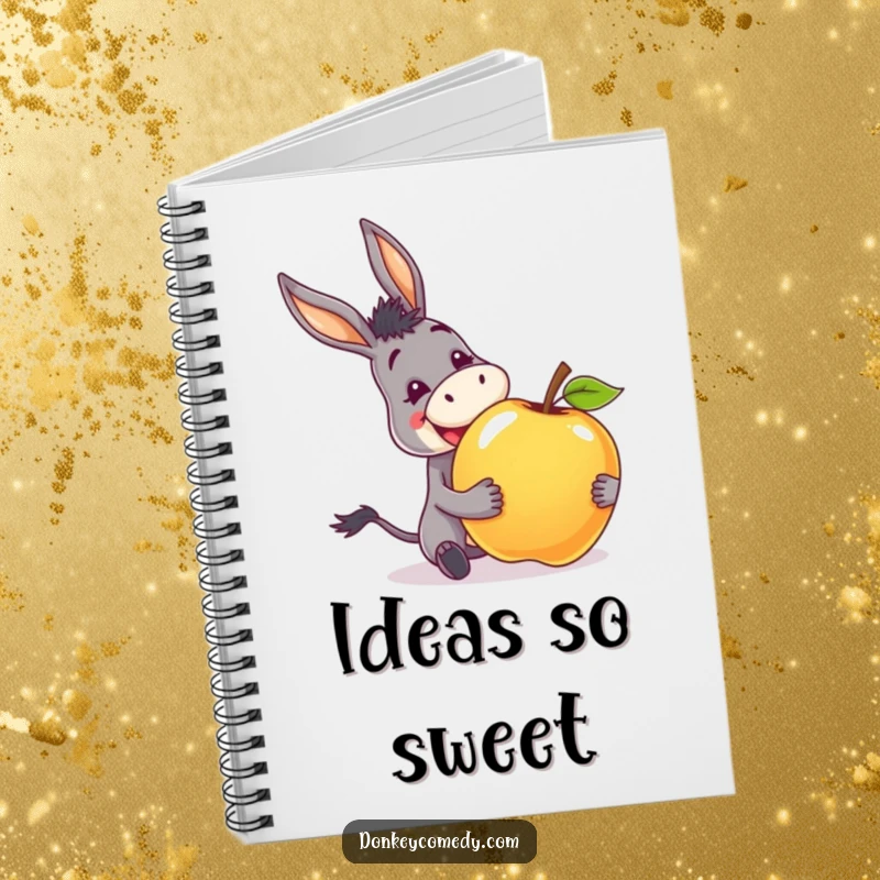 Funny notebook cover with a donkey having an excited grin, happily receiving a giant apple.