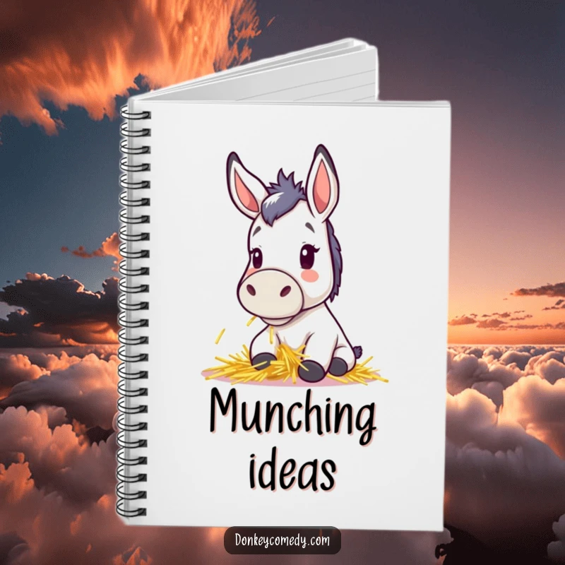 Funny notebook with a cute kawaii donkey, perky ears, happily munching hay, ideal for journaling and notes, a great funny gift.