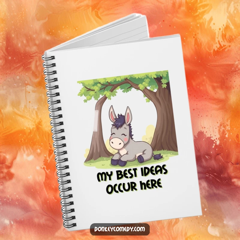 Funny donkey notebook design shows a donkey sighing contentedly under a tree, perfect for journaling or note-taking with a humorous twist.