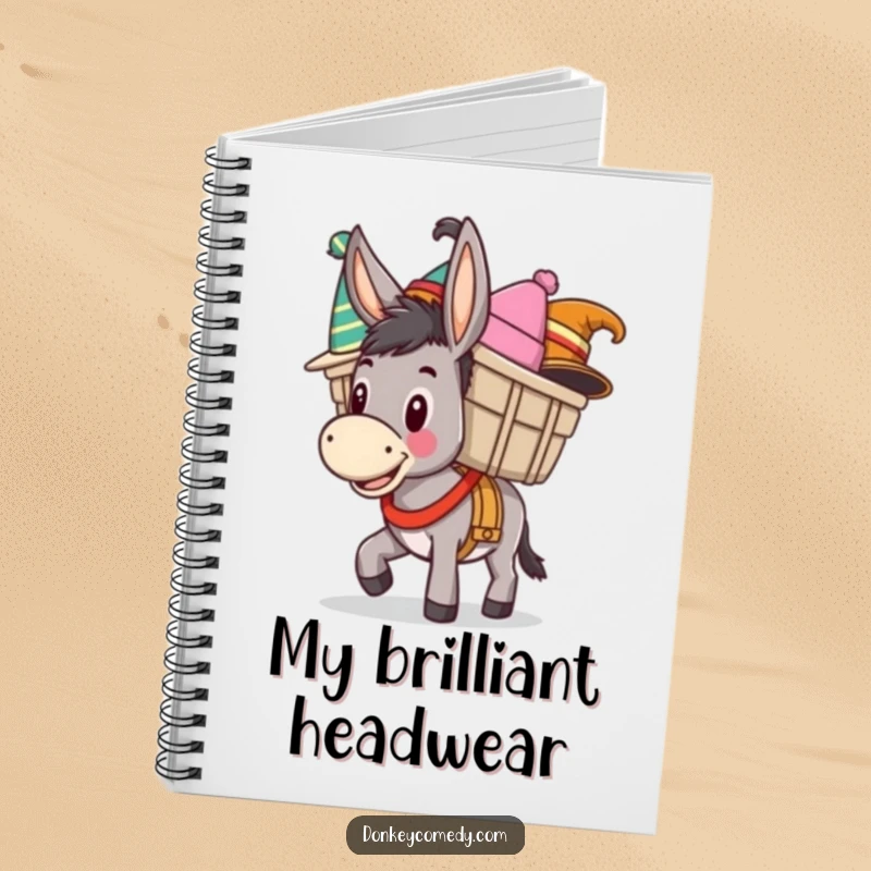 Funny notebook featuring a happy donkey carrying a load of funny hats, perfect for jotting down thoughts with donkey humor.