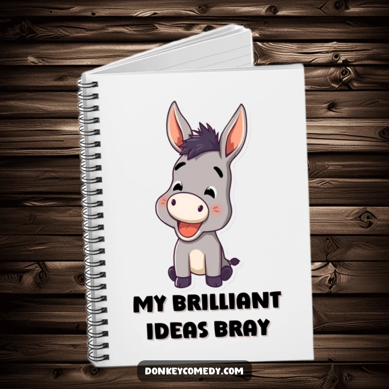 Funny Donkey Notebook with a donkey mid-cheerful bray, ears perked, perfect for jotting down funny ideas and daily plans.
