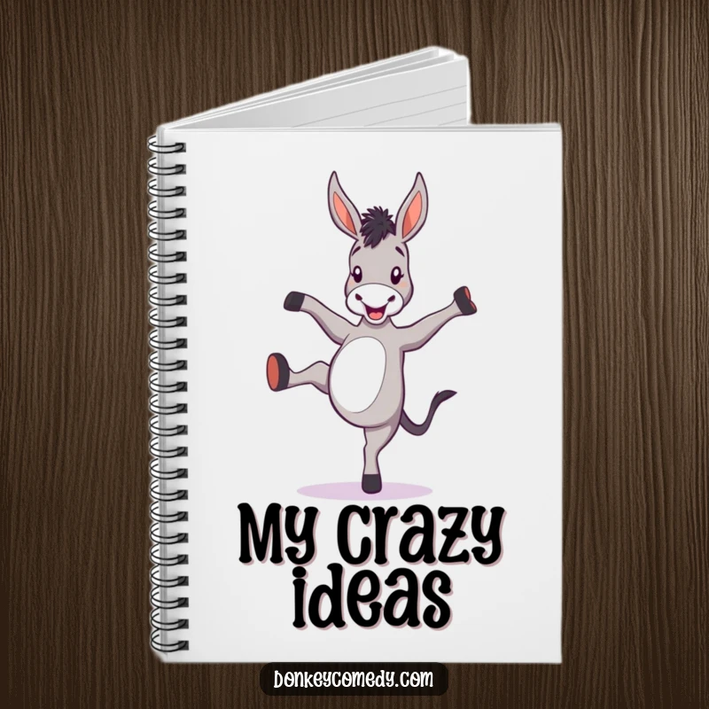 Funny donkey notebook featuring a cartoon donkey kicking its heels, inspiring energetic note-taking and ideas.