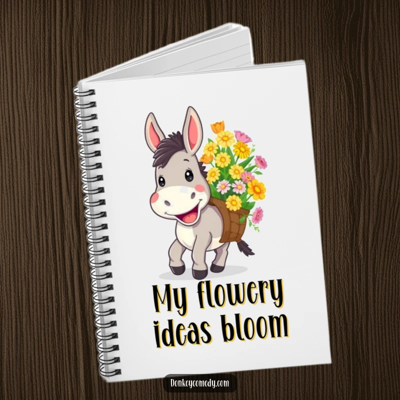 Funny notebook featuring a donkey with a wide, cheerful grin happily carrying a load of colorful flowers, ready for joyful notes.