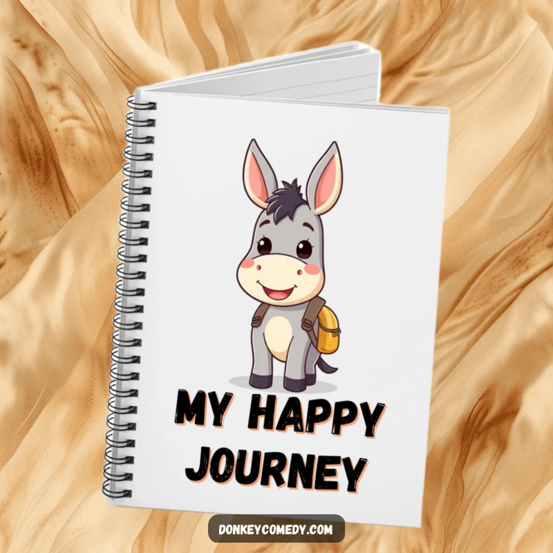 Kawaii donkey notebook featuring a smiling donkey with a small backpack, perfect for jotting down notes with a dose of adorable cheer.