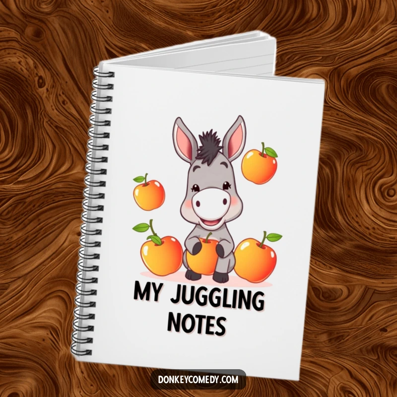 Funny Donkey Notebook: A donkey with a mischievous grin juggles apples, ideal for jotting down funny thoughts.
