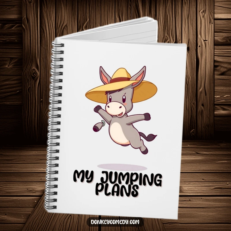 Funny bouncy donkey wearing a straw hat, jumping, on the cover of a notebook, a humorous stationery gift.