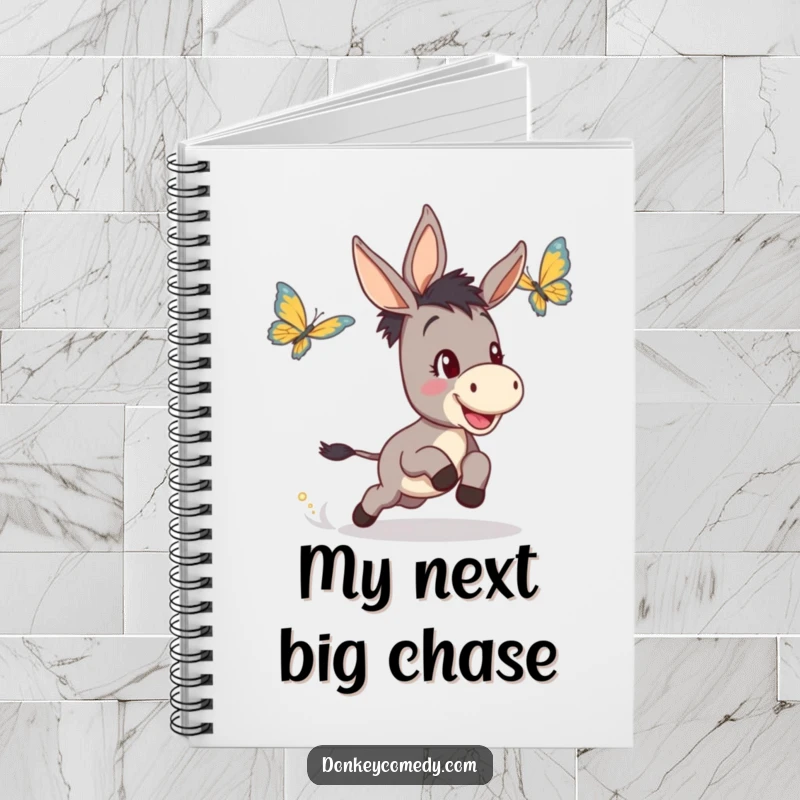 Funny notebook cover featuring a happy, determined donkey playfully chasing a butterfly, ideal for jotting down funny notes.