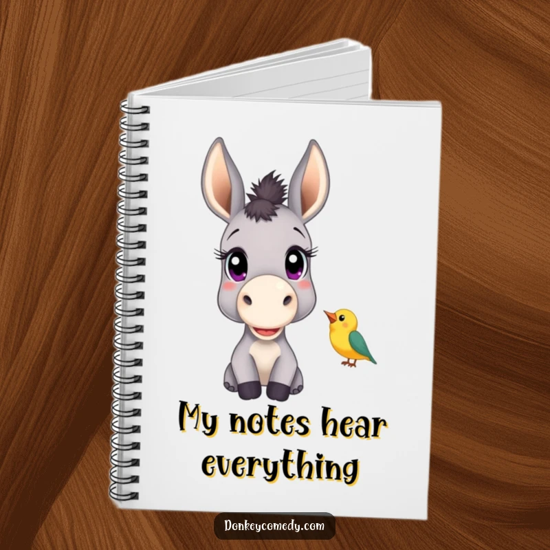 Funny notebook featuring a donkey with big, curious eyes listening to a chirping bird, ready for jotting down thoughtful notes.