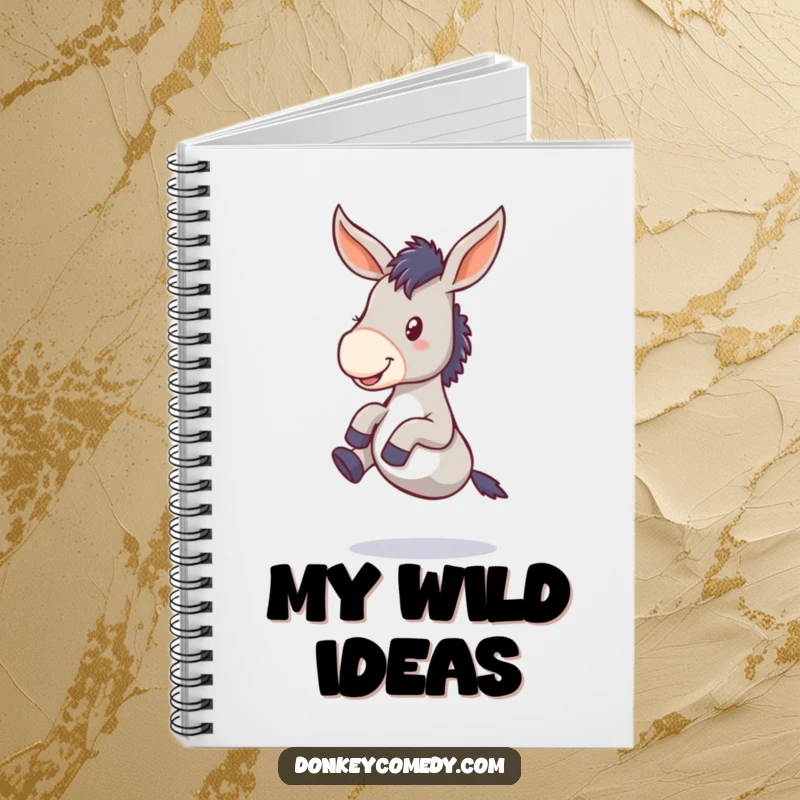 Funny donkey notebook featuring a floppy-eared animal kicking its legs, perfect for jotting down notes with a smile and a dash of humor.