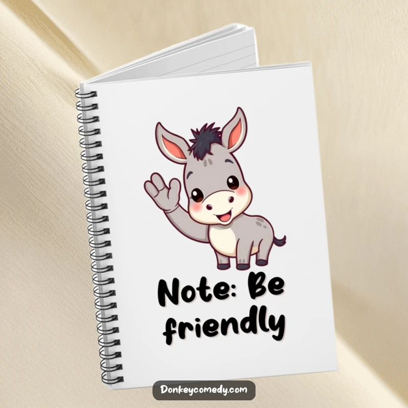 Funny donkey notebook featuring a cheerful donkey giving a friendly wave, perfect for jotting down welcoming thoughts and ideas.