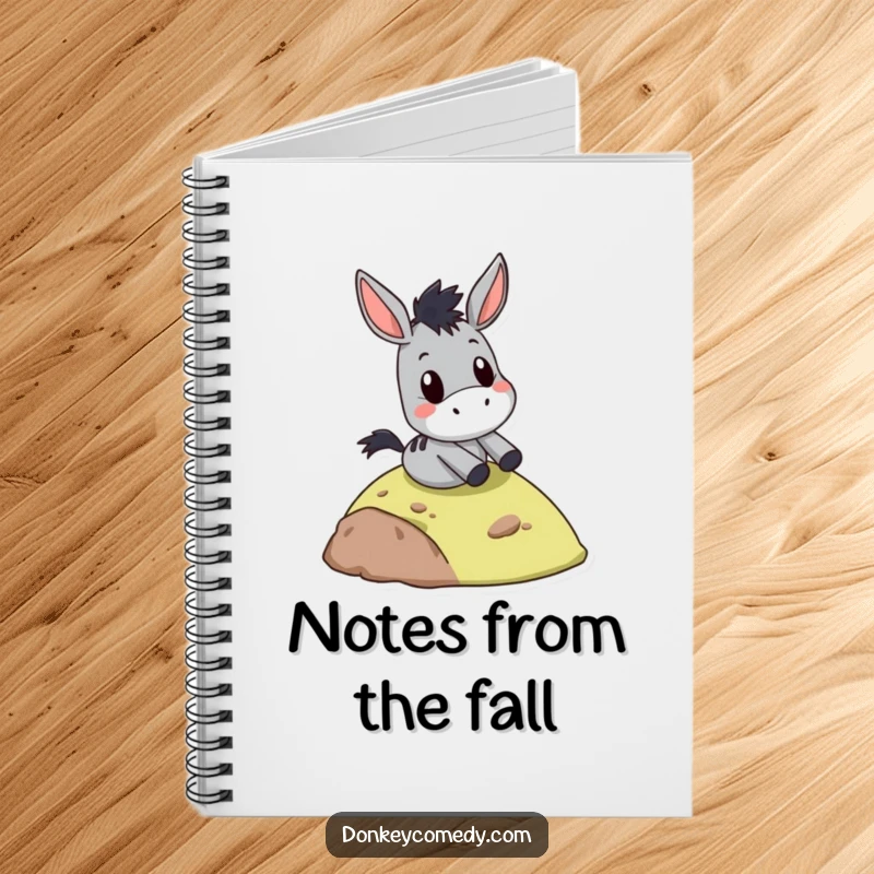 Funny donkey slide notebook, sliding down a hill with a surprised expression, perfect for jotting down adventure ideas and notes.
