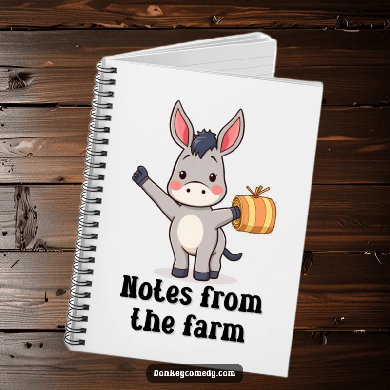 Funny notebook with a donkey enthusiastically waving a small striped hay bale, ideal for journaling and notes.