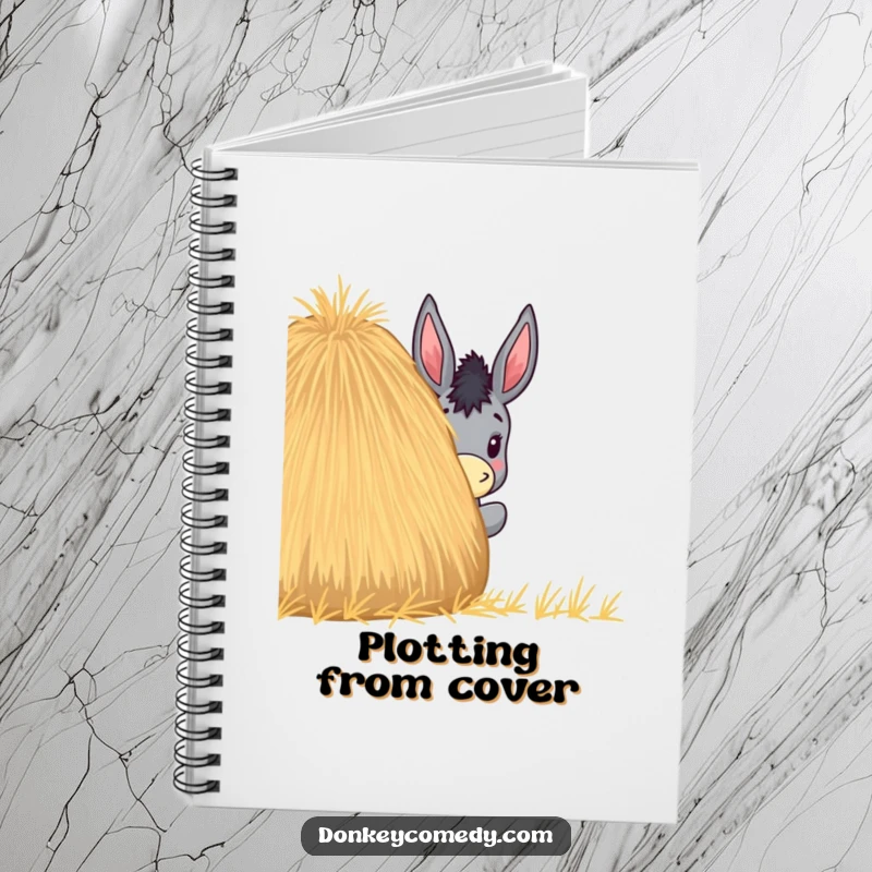 Funny notebook cover with a donkey humorously peeking from behind a haystack, perfect for jotting down playful ideas.