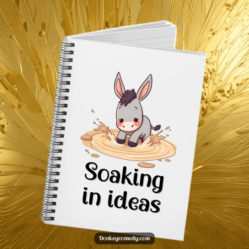 Funny donkey gleefully splashing in a muddy puddle, humorous notebook for jotting playful ideas.