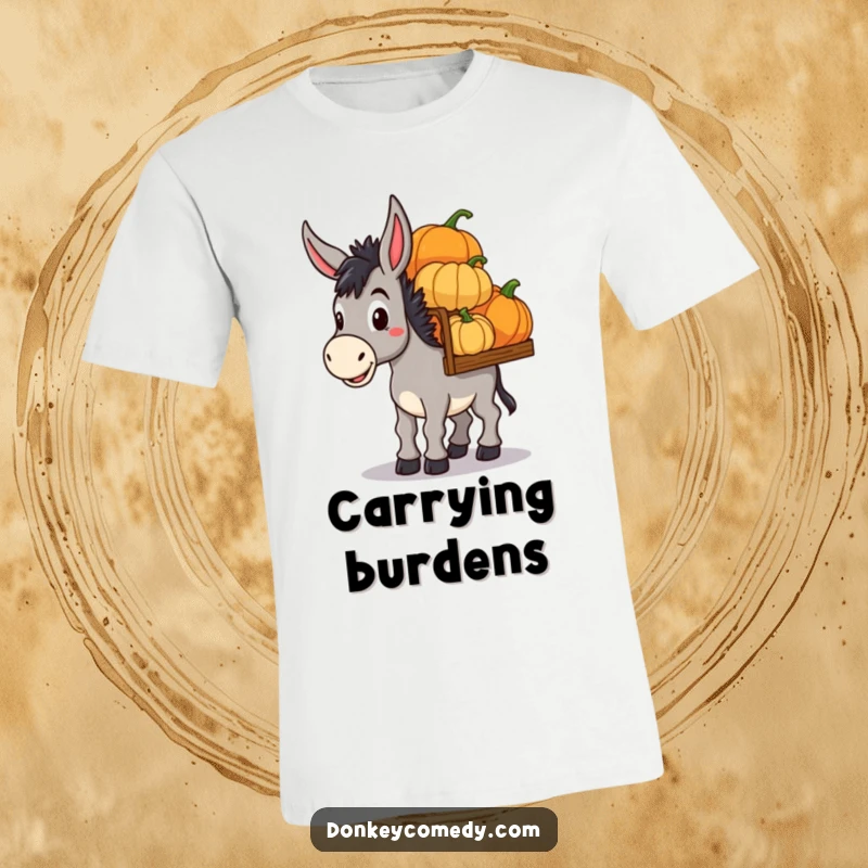Funny Donkey Pumpkin Haul T-Shirt: A t-shirt featuring a determined donkey carrying a load of colorful pumpkins, perfect for funny fall outfits.