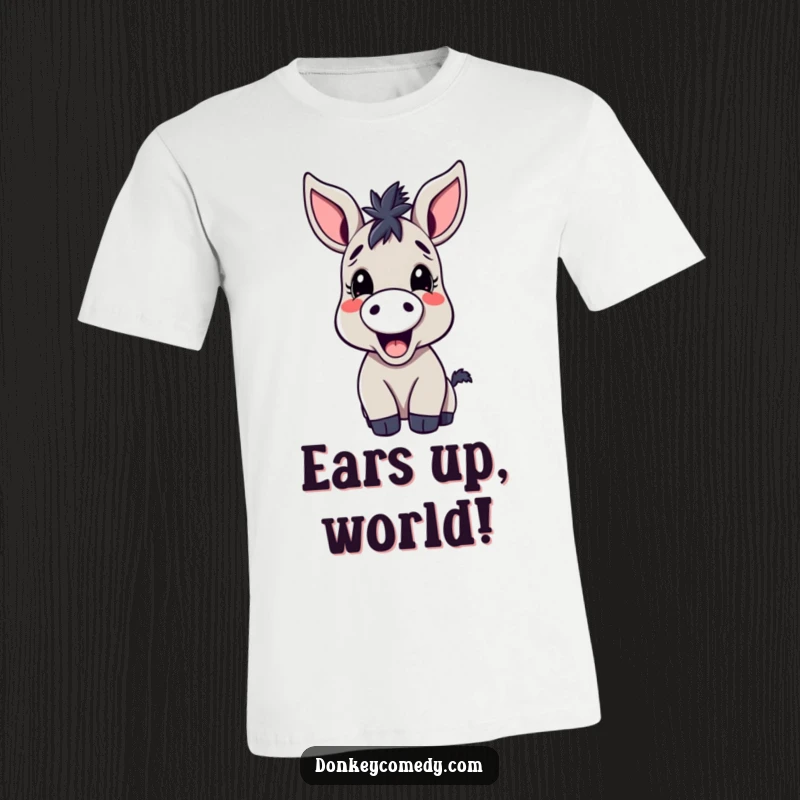 Funny kawaii donkey t-shirt, large-eared and joyfully braying, showcasing a cute animal with an infectious, hilarious expression.